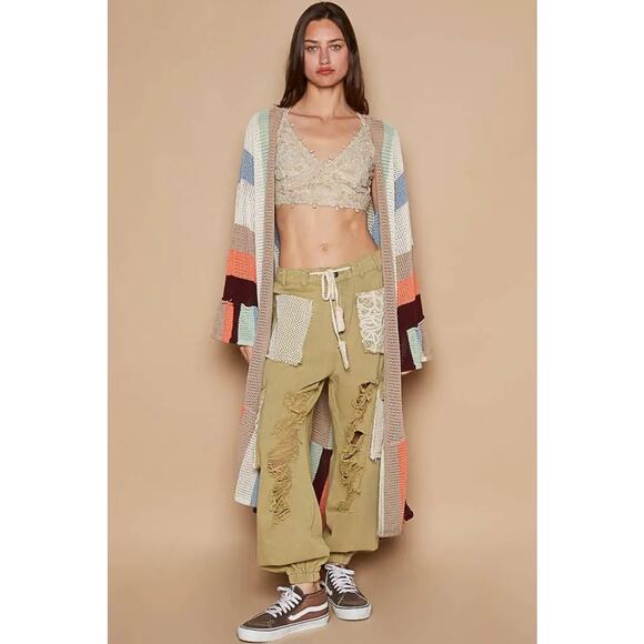 POL colorblock ruffle trim long duster cardigan oversized soft cozy knit boho S - Picture 2 of 13